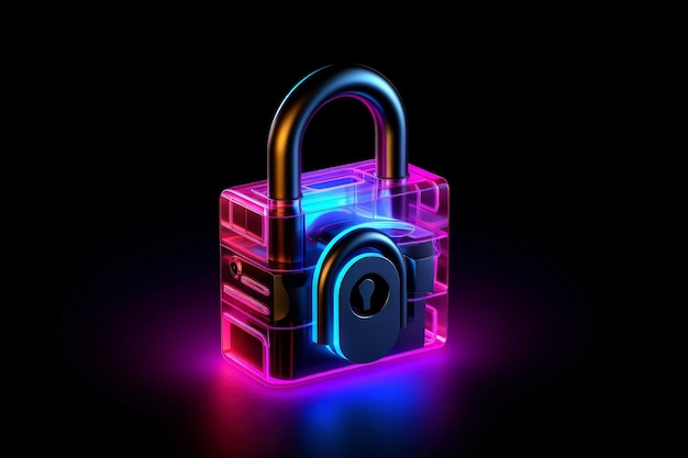 Abstract colorful neon padlock on black background Generative AI