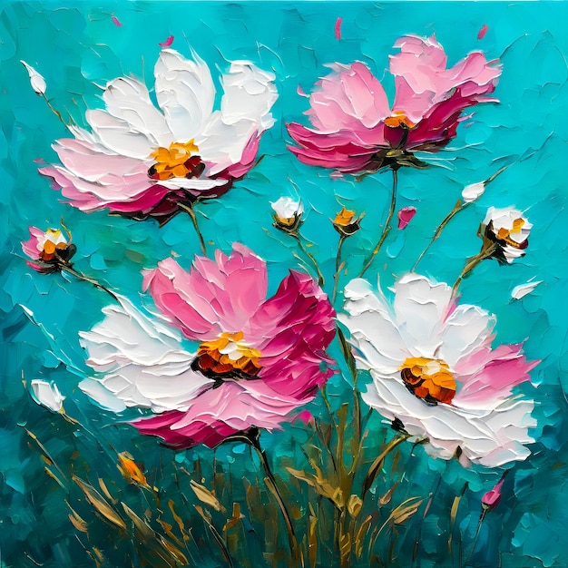 Abstract colorful oil painting with cosmos flowers