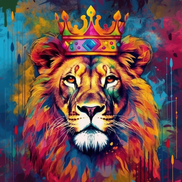 An abstract colorful painting of a lion with a crown Illustration Generative AI