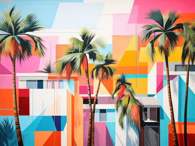 Abstract colorful palms trees on geometry architectural oil painting style wall art poster