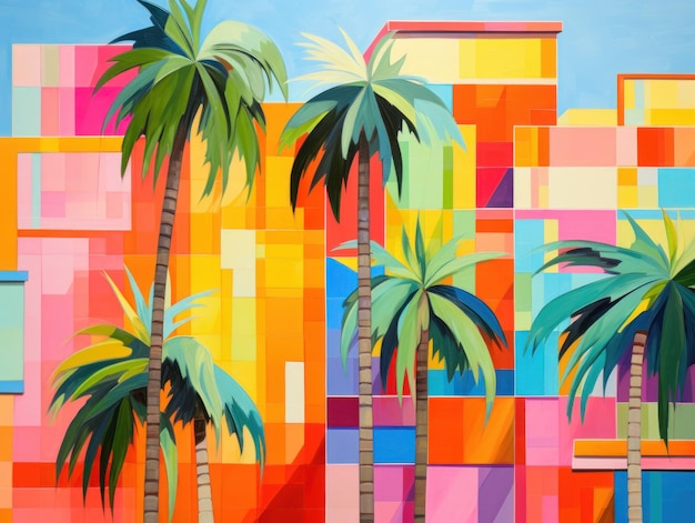 Abstract colorful palms trees on geometry architectural oil painting style wall art poster