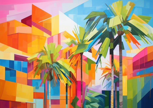 Abstract colorful palms trees on geometry background oil painting style wall art poste