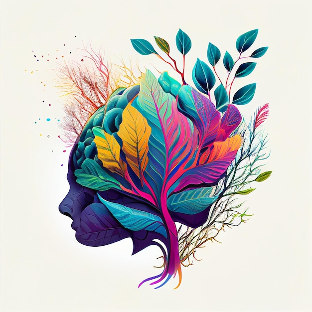 Abstract Colorful peaceful brain with plants