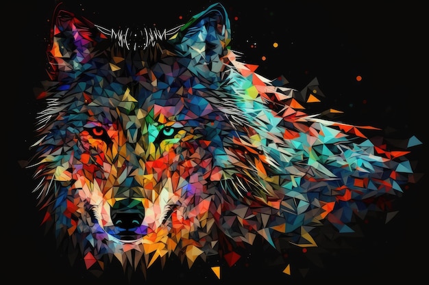 Abstract colorful polygon wolf on a black background ai generative