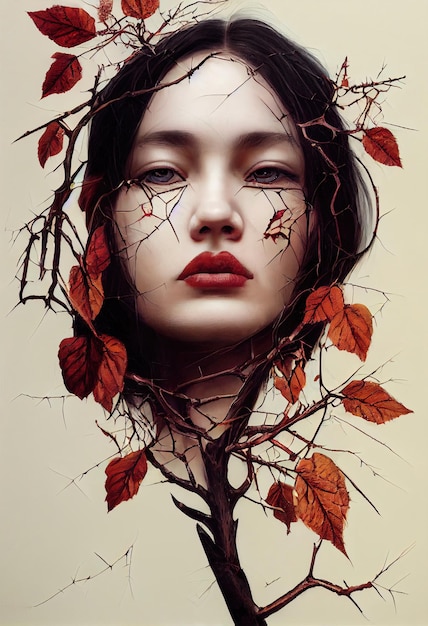 Абстрактный красочный портрет красивой девушки с осенними листьями Модная милая женщина