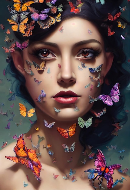 Abstract colorful portrait of a beautiful girl with butterflies Fashionable cute woman