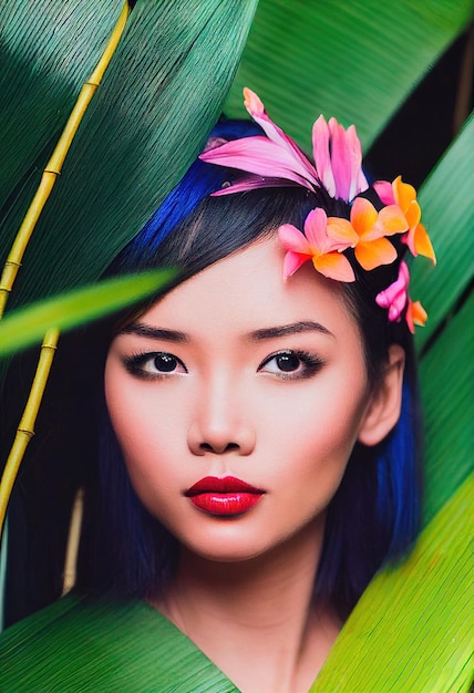 Abstract colorful portrait of a pretty geisha with beautiful makeup and flowers