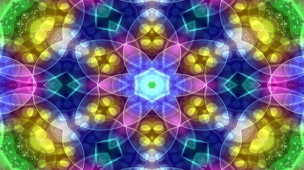 Foto astratto colorato concetto lucido e ipnotico modello simmetrico movimento caleidoscopio decorativo ornamentale cerchio geometrico e forme a stella