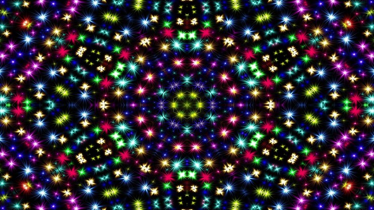 Photo abstract colorful shiny and hypnotic concept symmetric pattern ornamental decorative kaleidoscope movement geometric circle and star shapes