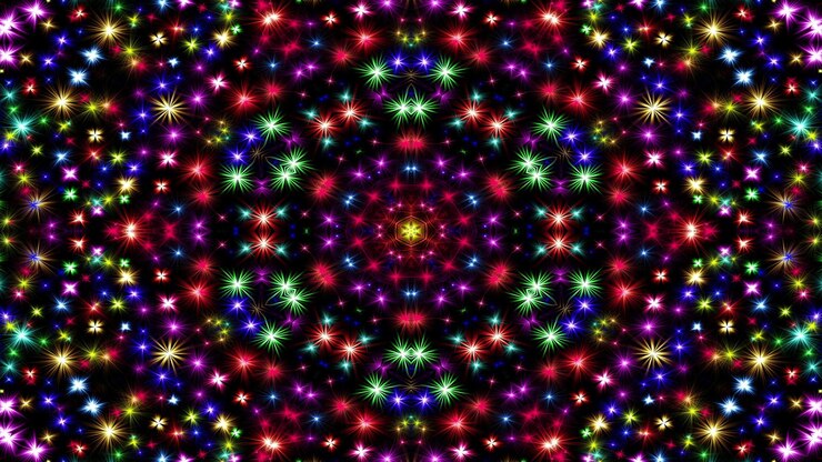 Photo abstract colorful shiny and hypnotic concept symmetric pattern ornamental decorative kaleidoscope movement geometric circle and star shapes