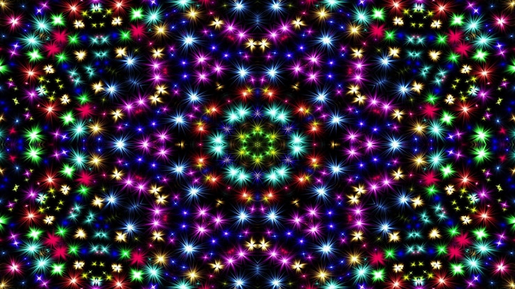 Photo abstract colorful shiny and hypnotic concept symmetric pattern ornamental decorative kaleidoscope movement geometric circle and star shapes