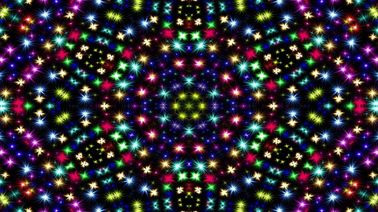 Photo abstract colorful shiny and hypnotic concept symmetric pattern ornamental decorative kaleidoscope movement geometric circle and star shapes