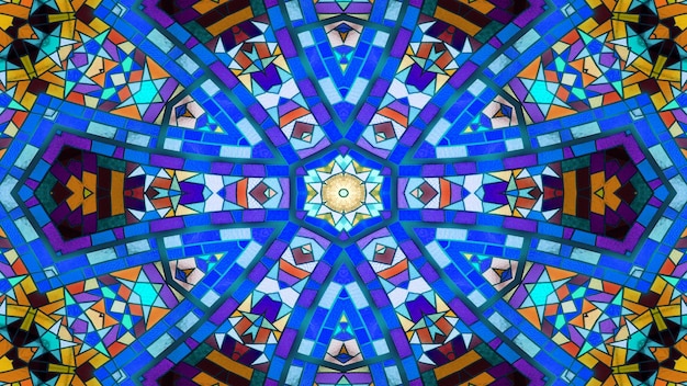 Abstract Colorful Shiny and Hypnotic Concept Symmetric Pattern Ornamental Decorative Kaleidoscope Movement Geometric Circle and Star Shapes