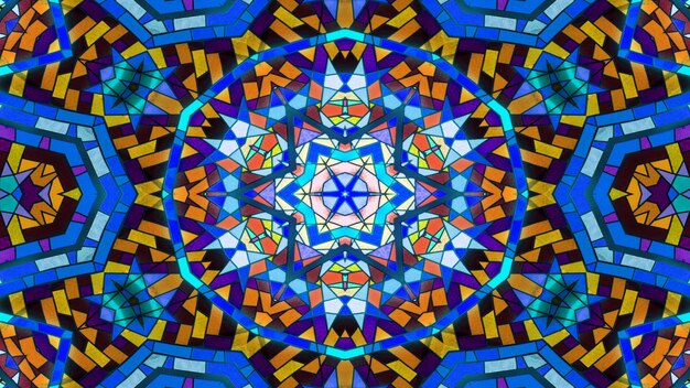 Abstract Colorful Shiny and Hypnotic Concept Symmetric Pattern Ornamental Decorative Kaleidoscope Movement Geometric Circle and Star Shapes