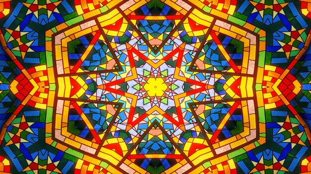 Abstract Colorful Shiny and Hypnotic Concept Symmetric Pattern Ornamental Decorative Kaleidoscope Movement Geometric Circle and Star Shapes