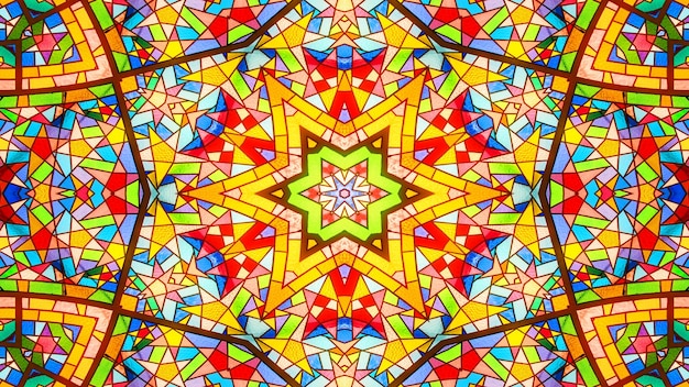 Abstract Colorful Shiny and Hypnotic Concept Symmetric Pattern Ornamental Decorative Kaleidoscope Movement Geometric Circle and Star Shapes