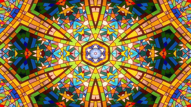 Abstract Colorful Shiny and Hypnotic Concept Symmetric Pattern Ornamental Decorative Kaleidoscope Movement Geometric Circle and Star Shapes