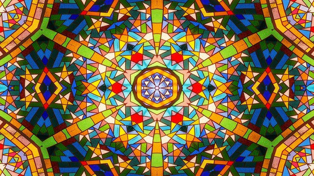 Abstract Colorful Shiny and Hypnotic Concept Symmetric Pattern Ornamental Decorative Kaleidoscope Movement Geometric Circle and Star Shapes