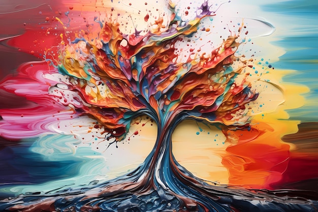 Photo abstract colorful tree with splashes of paint on a colorful background in acrylic stle