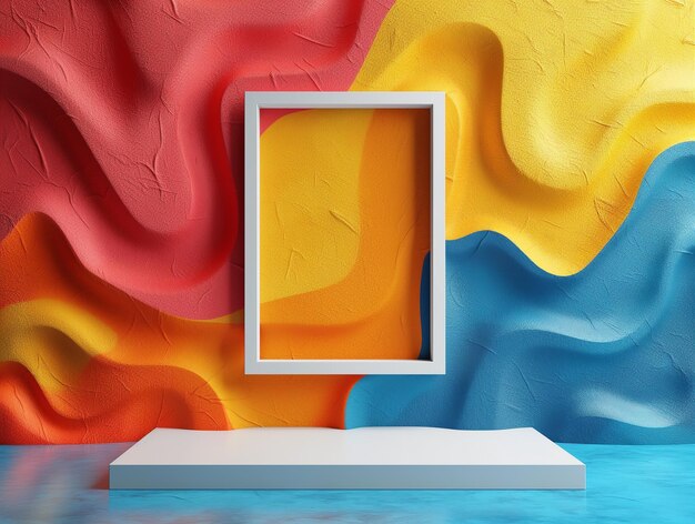 Photo abstract colorful waves with white mockup frame on pedestal