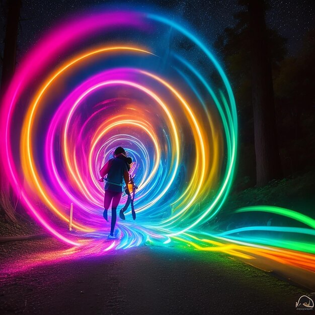 Photo abstract coloured light energy motion trails