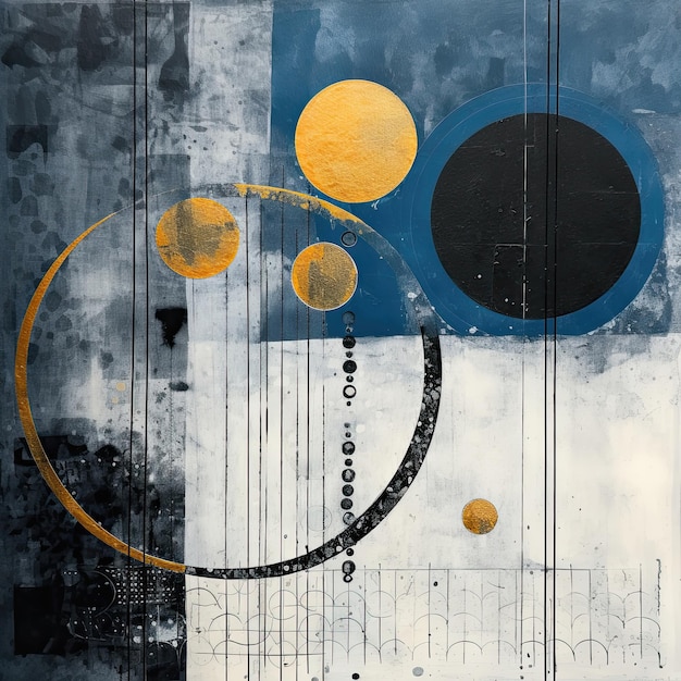 Abstract composition blue gold with geometric elements and circles Generative ai