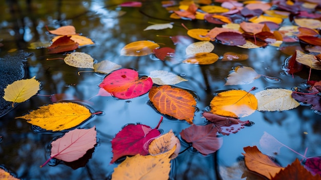 An abstract composition of colorful autumn leaves floating on a reflective water surface of a pond