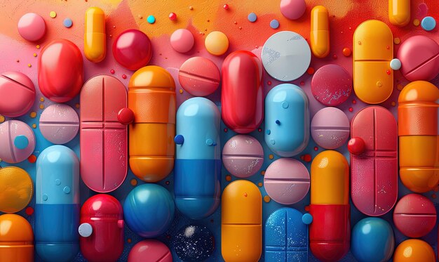 Abstract composition of different vitamins and supplements arranged in a geometric pattern bright and colorful