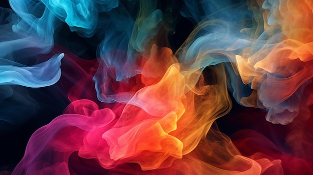 Photo abstract composition featuring multicolored smoke and vibrant shapes against a black background creating a visually captivating display of dynamic colors and intriguing forms generative ai