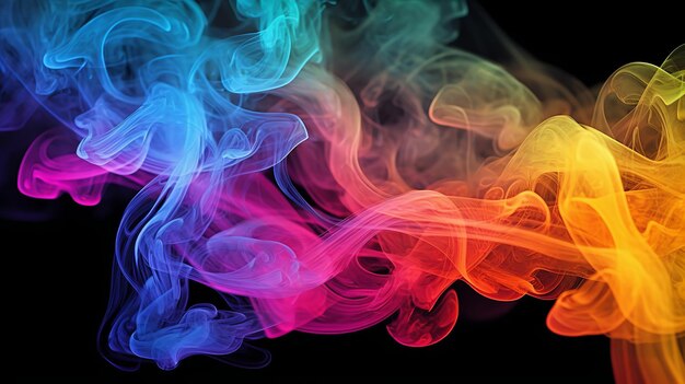 Abstract composition featuring multicolored smoke and vibrant shapes against a black background creating a visually captivating display of dynamic colors and intriguing forms Generative Ai