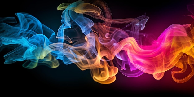 Abstract composition featuring multicolored smoke and vibrant shapes against a black background creating a visually captivating display of dynamic colors and intriguing forms Generative Ai