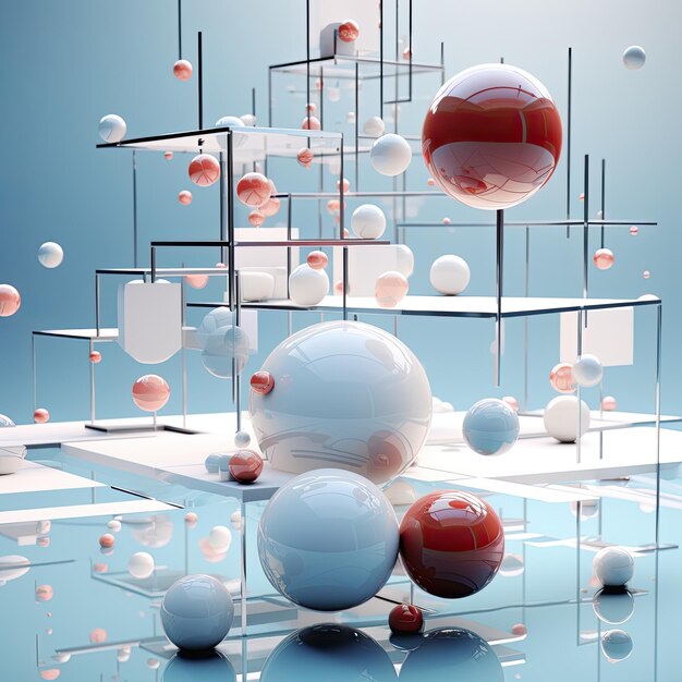 Abstract composition of floating spheres and cubes