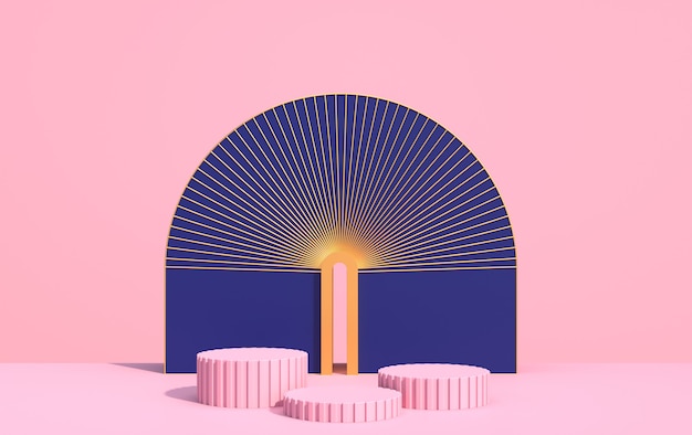 Abstract composition of geometric shapes in art deco style and podium for product showcase, multicolored shapes on a pink background, 3d render