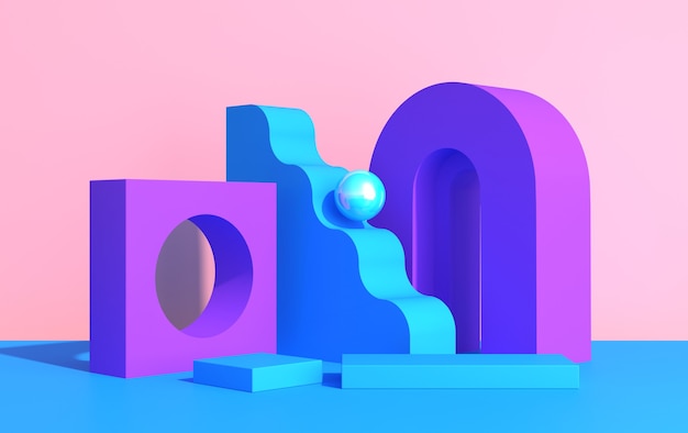 Photo abstract composition of geometric shapes in art deco style and podium for product showcase, multicolored shapes on a pink background, 3d render