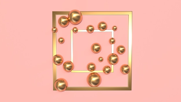 abstract composition of golden squares and spheres on a pink background 3d