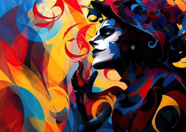 An abstract composition of a jester's silhouette against a backdrop of swirling colors and shapes