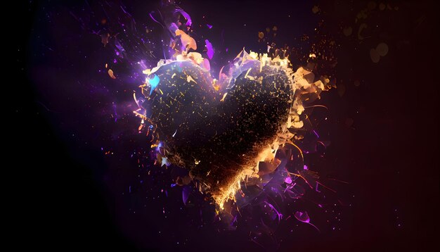 Abstract composition large heart with colorful rainbow light rays bokeh effect dark background Heart as a symbol of affection and love