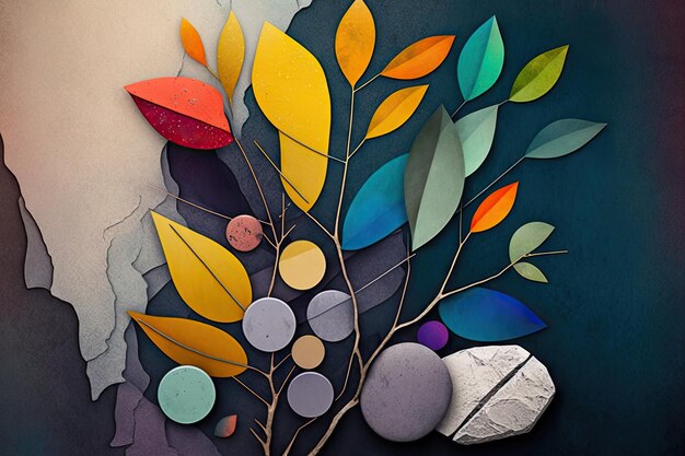 Abstract composition of multicolored stones and branches in modern art collage created with generati