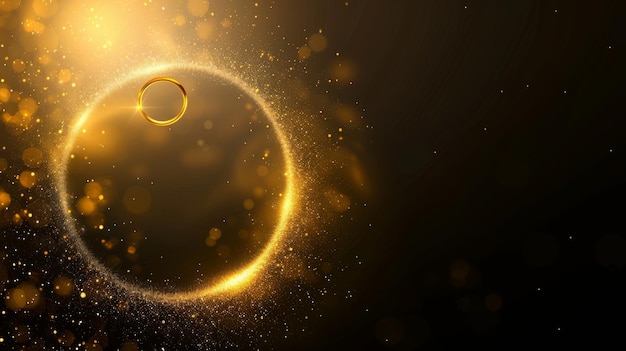 Abstract composition of shiny gold sparkles and gold ring on black background