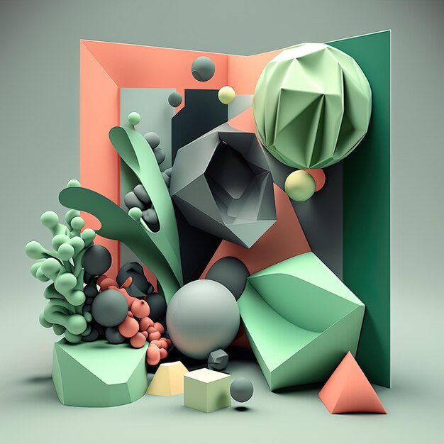 Abstract composition simple geometric shapes dark colored illustration floral elements 3d rendering generative ai