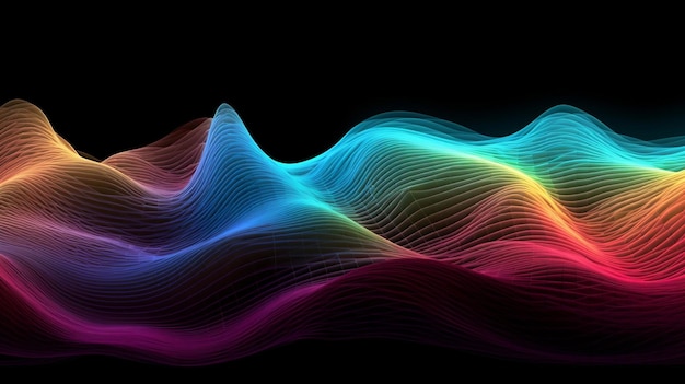 Abstract composition of striped waveforms featuring a vibrant rainbow of colors creating a visually captivating display that combines the energy of waveforms with the vibrant spectrum of a rainbow