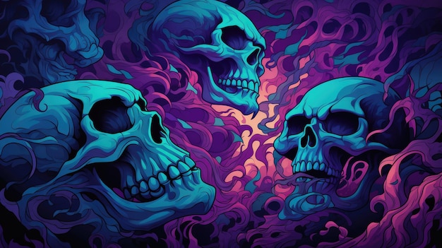 an abstract composition of swirling patterns and skull silhouettes in various shades of purple