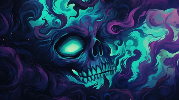 an abstract composition of swirling patterns and skull silhouettes in various shades of purple