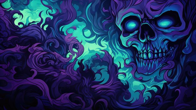 an abstract composition of swirling patterns and skull silhouettes in various shades of purple