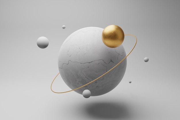 Abstract composition with balancing levitating spheres. 3D illustration in a clean minimalist style