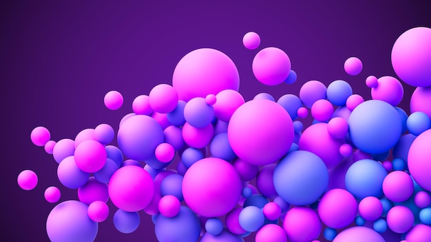 Abstract composition with dreamy blue pink purple vibrant neon gradient random flying spheres