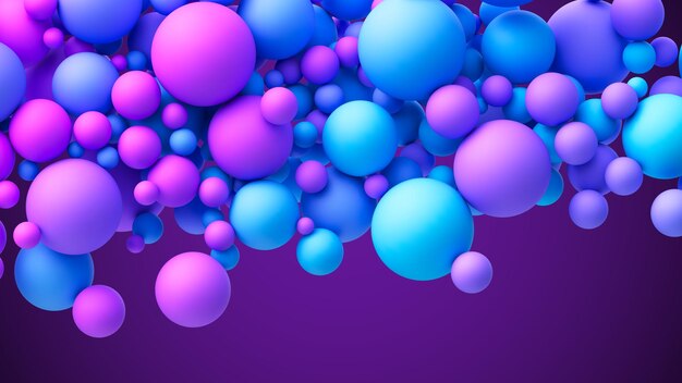 Abstract composition with dreamy blue pink purple vibrant neon gradient random flying spheres