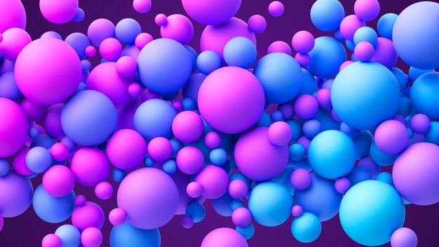 Abstract composition with dreamy blue pink purple vibrant neon gradient random flying spheres