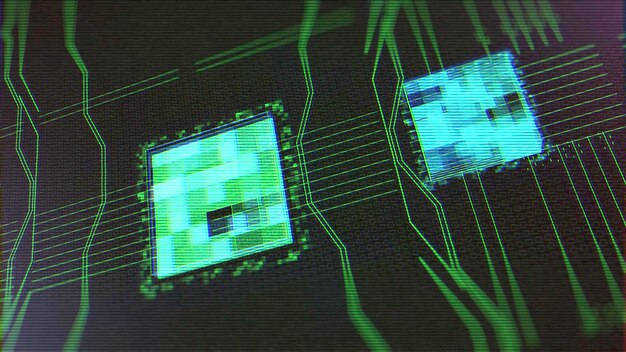 Abstract computer chip or circuit board background with glitch effect animation concept of