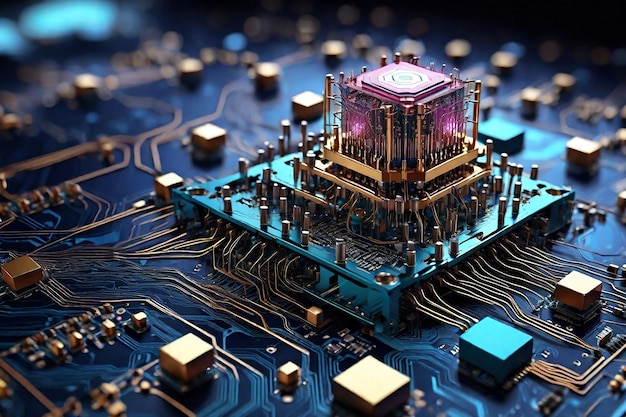 Абстрактная микросхема компьютера вблизи Технологический фон 3D-иллюстрация